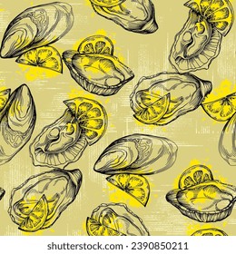 Oysters vintage Seafood pattern. A simple background is ideal for printing, textiles, fabric, wallpaper, wrapping paper, scrubbing
