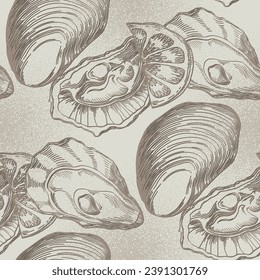 Oysters vintage Seafood pattern. A simple background is ideal for printing, textiles, fabric, wallpaper, wrapping paper, scrubbing