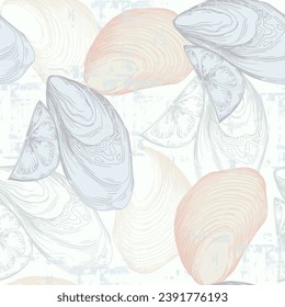Oysters vintage Seafood pattern. A simple background is ideal for printing, textiles, fabric, wallpaper, wrapping paper, scrubbing