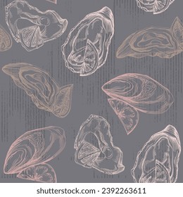 Patrón de ostras de mariscos vintage. Un fondo sencillo es ideal para imprimir, textiles, tela, papel pintado, papel de envoltura, lavado