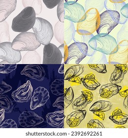 Oysters vintage Seafood pattern. A simple background is ideal for printing, textiles, fabric, wallpaper, wrapping paper, scrubbing