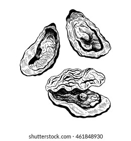 Oysters Vintage Vector Set, Oyster With Pearl. Black And White Graphic Design. Sea Food. Vector Illustration.