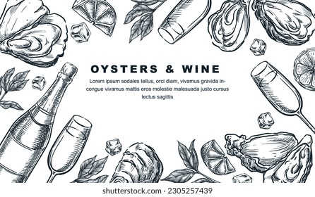 Oysters and wine or champagne tasting banner, poster or party flyer. Vector sketch illustration of wine bottle, glasses, fresh oyster and lemon. Seafood restaurant menu or package design template