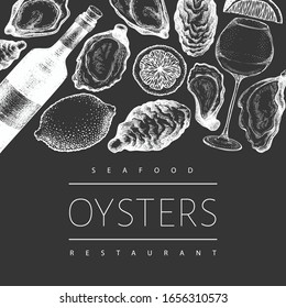 Oysters and wine design template. Hand drawn vector illustration on chalk board. Seafood banner. Can be used for design menu, packaging, recipes, fish market, seafood products.