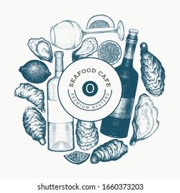 Oysters and wine design template. Hand drawn vector illustration. Seafood banner. Can be used for design menu, packaging, recipes, fish market, seafood products.