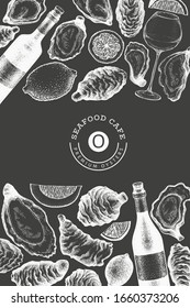 Oysters and wine design template. Hand drawn vector illustration on chalk board. Seafood banner. Can be used for design menu, packaging, recipes, fish market, seafood products.
