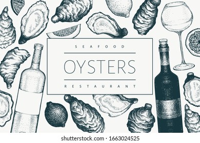 Oysters and wine design template. Hand drawn vector illustration. Seafood banner. Can be used for design menu, packaging, recipes, fish market, seafood products.