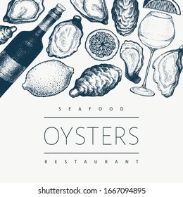 Oysters and wine design template. Hand drawn vector illustration. Seafood banner. Can be used for design menu, packaging, recipes, fish market, seafood products.