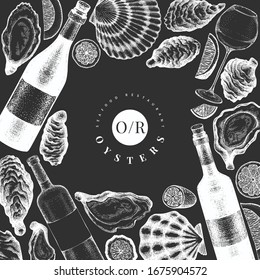 Oysters and wine design template. Hand drawn vector illustration on chalk board. Seafood banner. Can be used for design menu, packaging, recipes, label, fish market, seafood products.