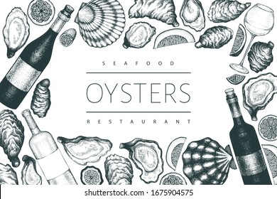 Oysters and wine design template. Hand drawn vector illustration. Seafood banner. Can be used for design menu, packaging, recipes, fish market, seafood products.