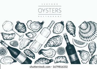 Oysters and wine design template. Hand drawn vector illustration. Seafood banner. Can be used for design menu, packaging, recipes, fish market, seafood products.