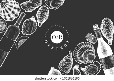 Oysters and wine design template. Hand drawn vector illustration on chalk board. Seafood banner. Can be used for design menu, packaging, recipes, label, fish market, seafood products.