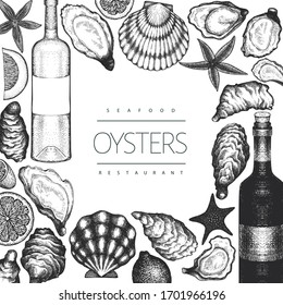 Oysters and wine design template. Hand drawn vector illustration. Seafood banner. Can be used for design menu, packaging, recipes, fish market, seafood products.