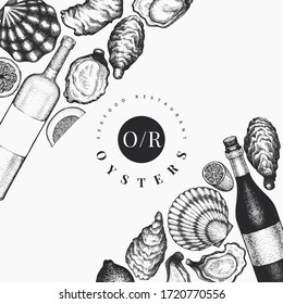 Oysters and wine design template. Hand drawn vector illustration. Seafood banner.  