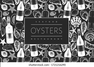 Oysters and wine design template. Hand drawn vector illustration on chalk board. Seafood banner. Can be used for design menu, packaging, recipes, label, fish market, seafood products.