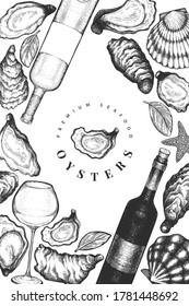 Oysters and wine design template. Hand drawn vector illustration. Seafood banner. Can be used for design menu, packaging, recipes, label, fish market, seafood products.