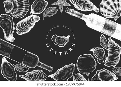 Ostras y plantilla de diseño de vino. Ilustración vectorial dibujada a mano en la pizarra de tiza. Pancarta de marisco. Se puede utilizar para el menú de diseño, embalaje, recetas, mercado de pescado, productos de marisco.
