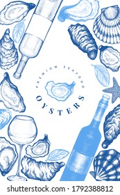 Oysters and wine design template. Hand drawn vector illustration. Seafood banner. Can be used for design menu, packaging, recipes, label, fish market, seafood products.