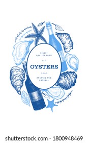 Austern und Weindesign-Vorlage. Handgezeichnete Vektorgrafik. Fisch und Meeresfrüchte. Kann für Design-Menü, Verpackung, Rezepte, Etikett, Fischmarkt, Meeresfrüchte Produkte verwendet werden.