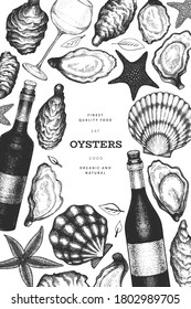 Oysters and wine design template. Hand drawn vector illustration. Seafood banner. Can be used for design menu, packaging, recipes, label, fish market, seafood products.