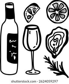  Ostras e vinho, desenho, gravura, tinta, arte de linha, vetor	
