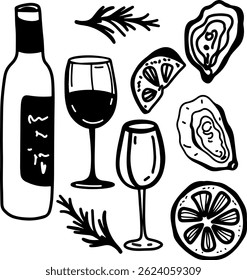  Ostras e vinho, desenho, gravura, tinta, arte de linha, vetor	
