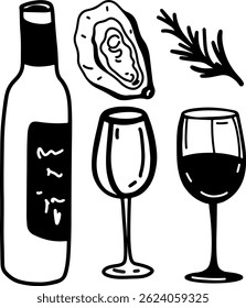  Ostras e vinho, desenho, gravura, tinta, arte de linha, vetor	

