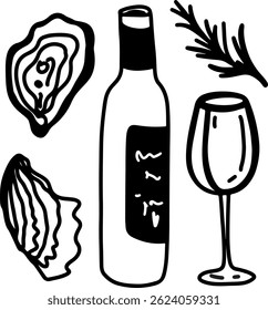  Ostras e vinho, desenho, gravura, tinta, arte de linha, vetor	
