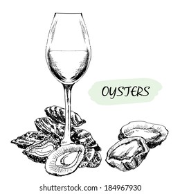 Oysters and wine glass. Hand drawn illustration
