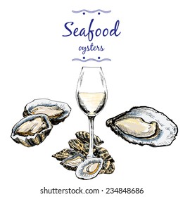 Oysters and wine glass. Hand drawn illustration