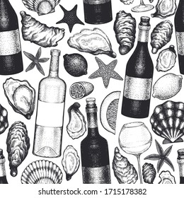 Oysters and wine seamless pattern. Hand drawn vector illustration. Seafood background. Can be used for design menu, packaging, recipes, fish market, seafood products.