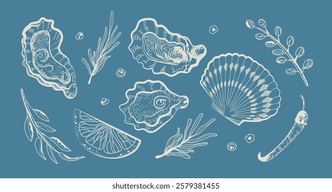 Oysters.Oyster Shell Vector Set. Hand-drawn oysters, lemon slices, herbs, and salt. Ink sketch isolated on blue background. For seafood menus, packaging, and culinary illustrations.Retro style. Vector