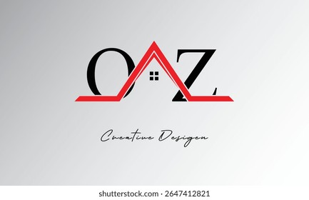 Logotipo de OZ Letter House: monograma inmobiliario creativo con icono de techo y forma de hogar para propiedad, arquitectura y marca moderna
