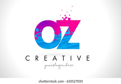 OZ O Z Letter Logo with Broken Shattered Blue Pink Triangles Texture Design Vector Illustration.