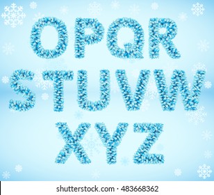 O-Z, second part Winter Snow Frozen Blue Leaves Alphabet. Vector font