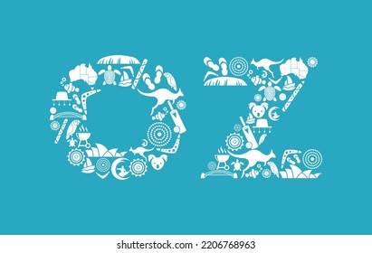 Conjunto de iconos de palabra Oz - conjunto de iconos de Australia - azul y blanco - ilustración vectorial