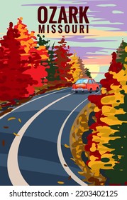 Ozark Missouri travel vintage poster, autumn road, car. Retro illustration svg