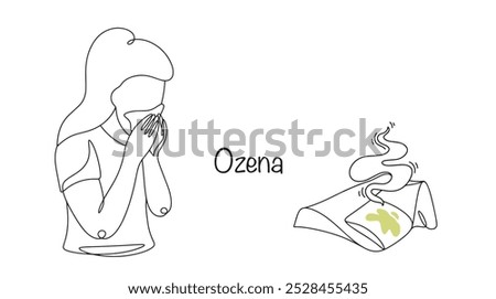 Ozena. Long-term rhinitis, accompanied by atrophy of the mucous membrane and the discharge of a fetid runny nose. Medical vector for different uses.