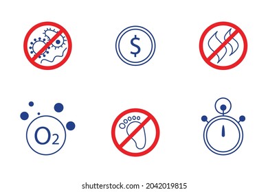 Ozonation icons set. Elimination of traces, odors, destruction of bacteria. Saving money resources, fast processing, safe application.