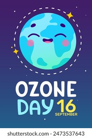 Ozone day cartoon poster with cute earth planet. Vector banner with world globe in space.