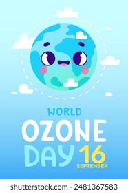 Ozone day cartoon poster with cute earth planet. Vector banner with adorable world globe.