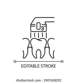 Ozone dentistry linear icon. Using ozone for professional dental treatment. Professional dental care. Instruments for dental treatment. Stomatology. Vector isolated outline drawing. Editable stroke