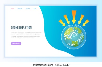 Ozone depletion, UV protection issue, arrows and earth, atmosphere pollutant, global problem, weather and hot climate, ecology and planet vector. Webpage landing page flat style. Concept for Earth day