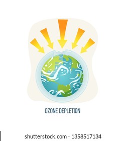 Ozone depletion vector, ecological problems on planet isolated icon, poster with inscription, earth with arrowheads and broken layer issues and danger. Earth day concept