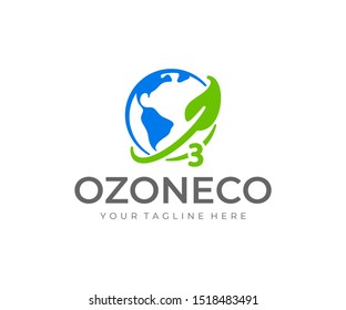 Ozone Logo Design. World Ozone Day Vector Design. Earth Planet With Ozone Layer And Leaf Logotype