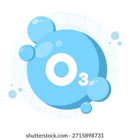 Concepto de molécula de ozono O3 que muestra tres átomos de oxígeno unidos entre sí. Ilustración vectorial para la química, la ciencia atmosférica, la capa de ozono y la educación ambiental.