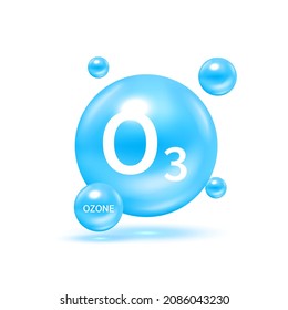 Ozone O3 Molecule Models Blue And Chemical Formulas. Natural Gas. Ecology And Biochemistry Concept. On White Background. 3D Vector Illustration.