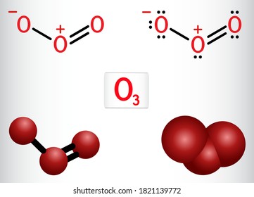 Ozone, O3, trioxygen, inorganic molecule. It is an allotrope of oxygen. Structural chemical formula and molecule model. Vector illustration