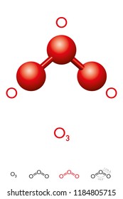 Ozone, O3, trioxygen, molecule model and chemical formula. Inorganic pale blue gas with pungent smell. Ball-and-stick model, geometric structure and structural formula. Illustration over white. Vector