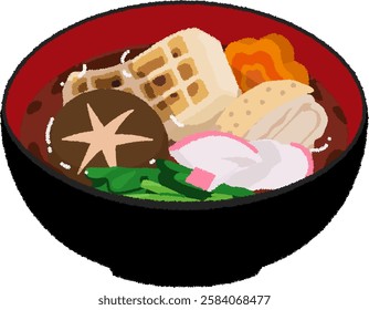 Ozoni is a New Year's dish made of grilled rice cakes, cooked chicken, green vegetables, etc., and poured over clear soup.
